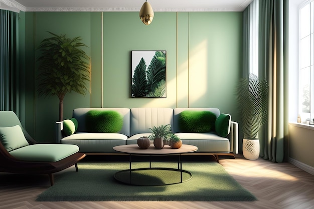 Ретро стиль середины века сальвия зеленый тканевый диван с подушкой одеяло зеленое тропическое дерево на белом п