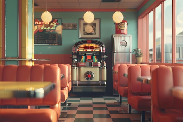 Retro midcentury diner with a jukebox and vinyl bo