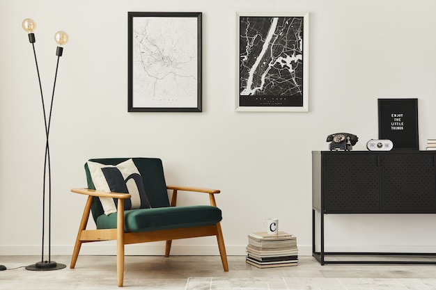 Retro and minimalist compositon of living room interior with design armchair, two poster map, lamp, decoration, white wall and personal accessories