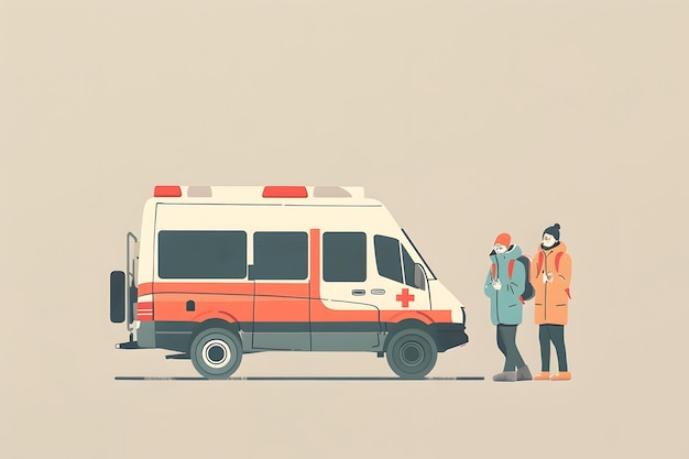 Retro minimalist flat design illustration of doctor assisting people in ambulance