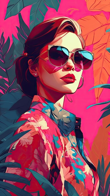 Retro mode meisje met gedurfde grafische illustratie stijl zonnebrillen en exotische bladeren