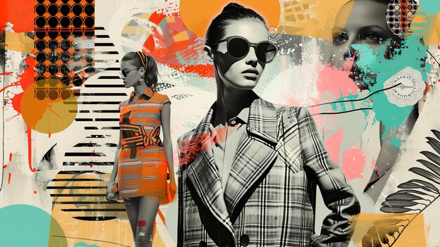 Photo retro and modern fashion illustration of a woman wearing sunglasses with painted background in warm colors