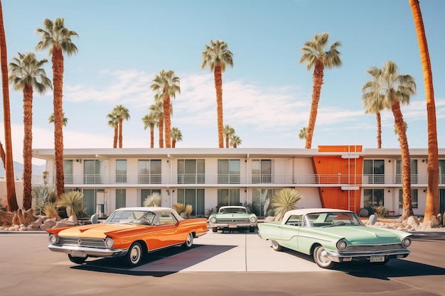 Retro motel exterior with parked vintage cars Generative AI