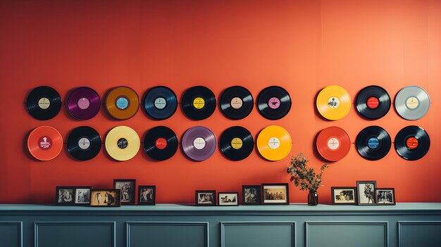 Photo retro music records on the orange wall