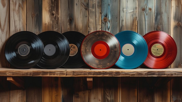 Retro Music Vinyl Records on Wooden Shelf