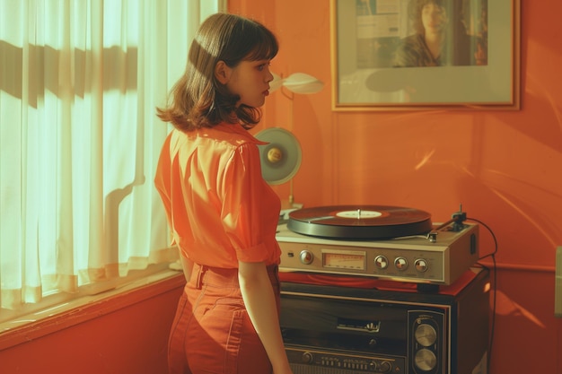 Retro-muziekliefhebber geniet van een vinylplaat in een zonnige kamer