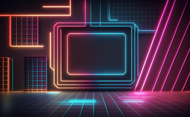 Retro neon colorful grid background banner or header lines and geometry