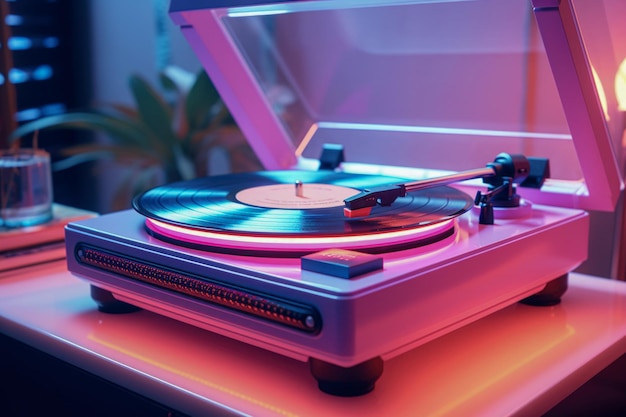 Retro neon futuristic vinyl player emitting a warm aura