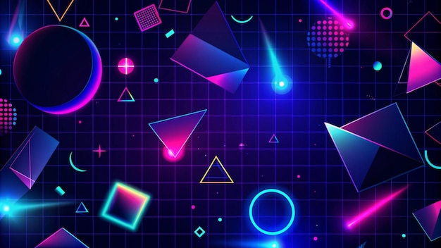 Retro neon geometric shapes on a grid background