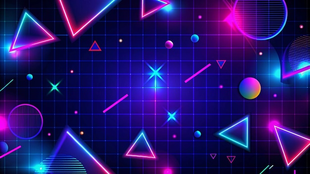 Retro neon glowing geometric shapes on dark blue grid background