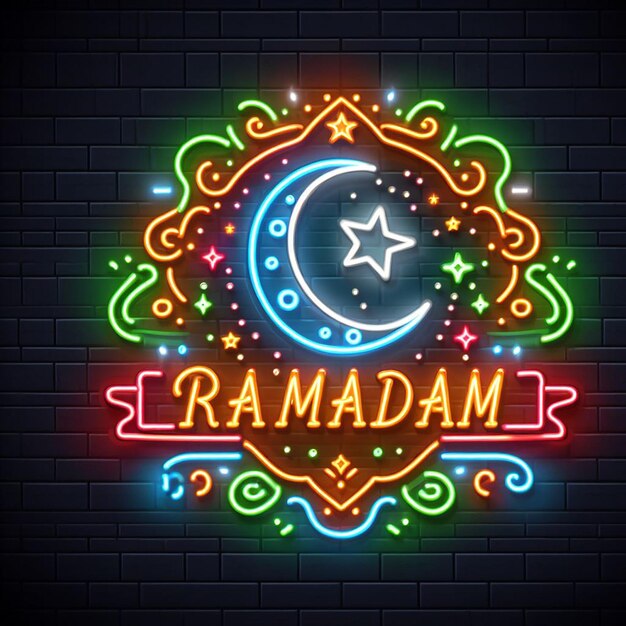 A retro neon sign style for Ramadan Kareem glowing with vibrant colors