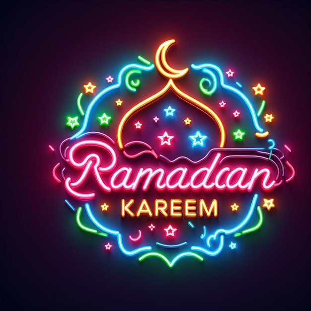 라마단 카림 (Ramadan Kareem) 을 위한 레트로 네온 표지판 스타일 이 활기찬 색 으로 빛나고 있다