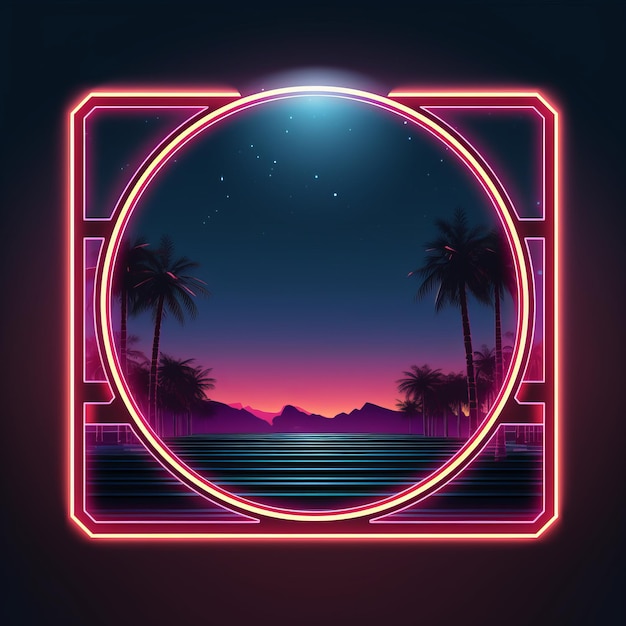retro neon sign with palm trees and the ocean at night