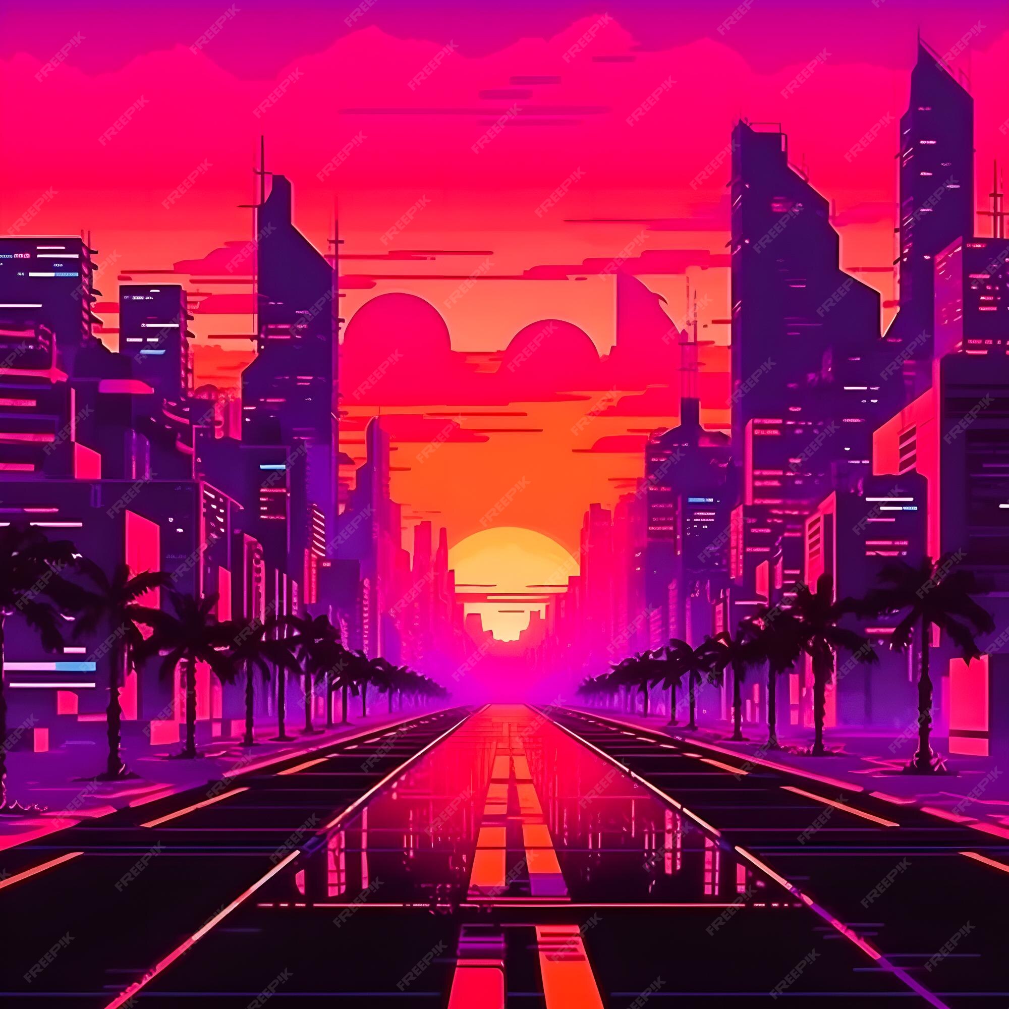 Premium Photo  Synthwave sunset illustration cyberpunk retro neon  background with easy overlook