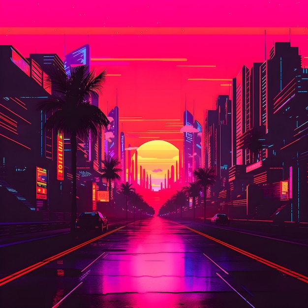 Photo retro neon sunset art synthwave style with easy overlook in cyberpunk background