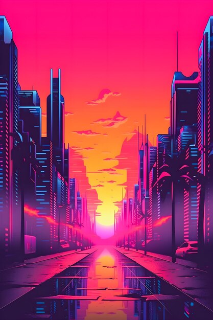 Photo retro neon sunset art synthwave style with easy overlook in cyberpunk background