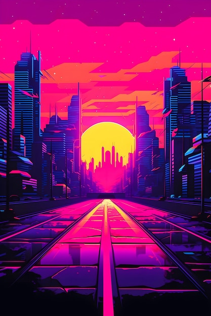 Ретро-неоновый закат Art Synthwave Style с легким видом на фоне киберпанка