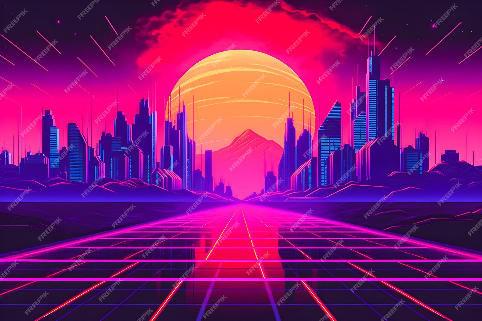 Premium Photo  Synthwave sunset illustration cyberpunk retro neon  background with easy overlook