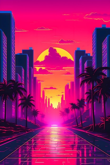 Retro Neon Sunset Art Synthwave Style with Easy Overlook in Cyberpunk Background