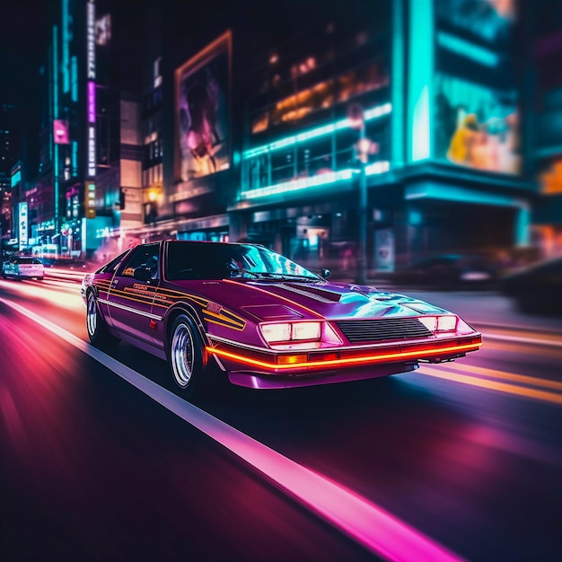 Классический спортивный автомобиль Retro Nights освещает улицу Майами в стиле Retrowave, сгенерированном AI