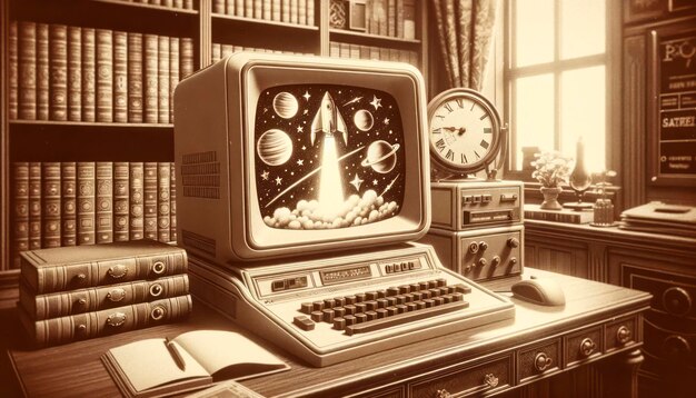 Photo retro office with computer displaying a space launch generative ai