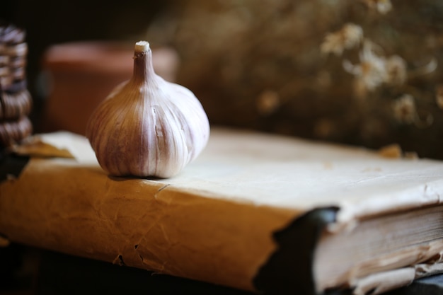 Retro carrello di cucina di cibo ricetta vecchio aglio libro