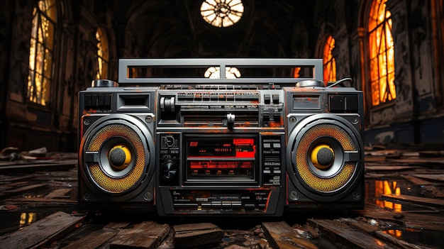 Retro old design ghetto blaster boombox radio cassette tape recorder uit de jaren 1980 in een grungy graffiti