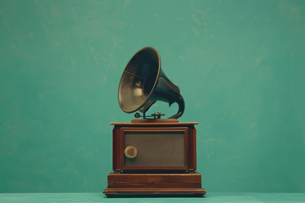 Photo retro old gramophone radio receiver front mint green background