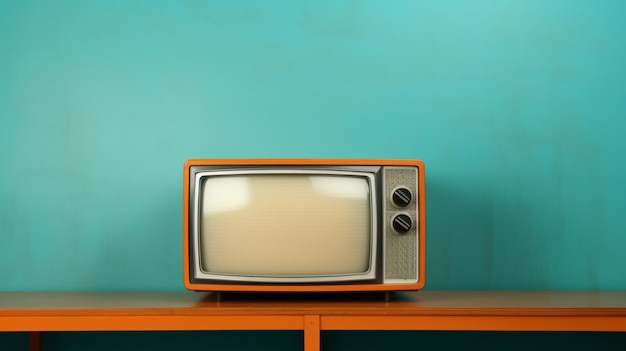 Ретро старый оранжевый телевизор на градиенте передней части стола