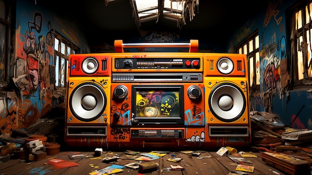 Foto retro old style ghetto blaster boombox radio cassetta su sfondo grunge