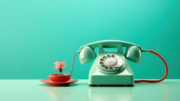 Retro old telephone on table isolated on mint green wall copy space background Generate AI image