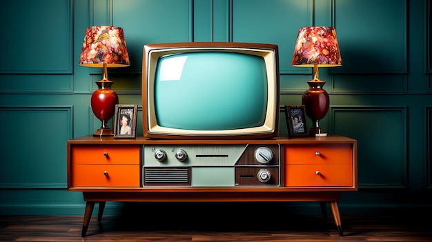 Retro old television on background 90's concepts Vintage style filtered photo