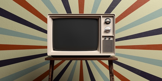 Retro old tv on circus vintage wall background 3d illustration