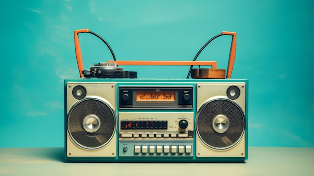 Retro outdated portable stereo boombox radio cassette