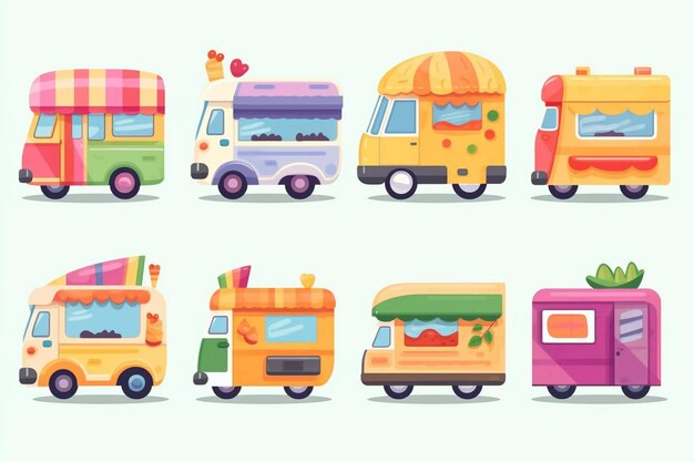 Photo retro pack of colorful food trucks