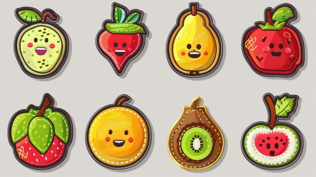 Photo retro patches with groovy fruits healthy food with comical phrases nostalgic aesthetics from the 80s 90s and 2000s