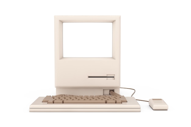 Retro-persoonlijke computer. De systeemeenheid, het toetsenbord, de muis en de monitor met vrije ruimte voor uw ontwerp op een witte achtergrond. 3D-rendering