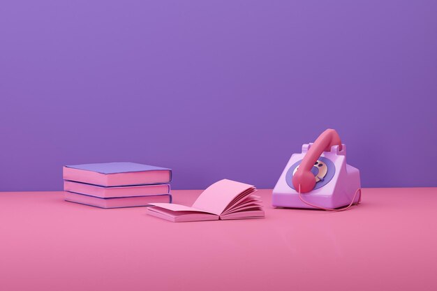 Retro phone and notebook on pastel pink and purple background