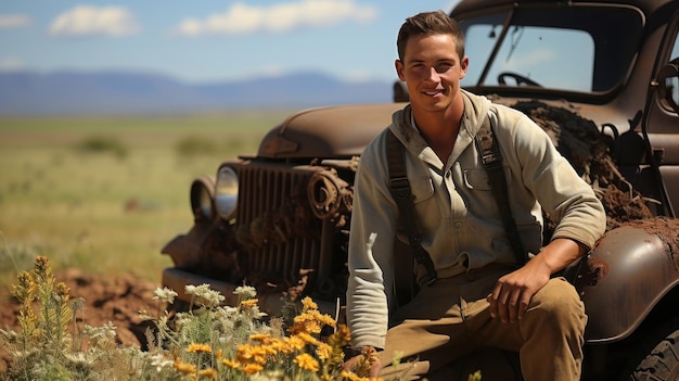 Retro photo of handsome young cowboy man sitting in front of an old car in NZ countryside