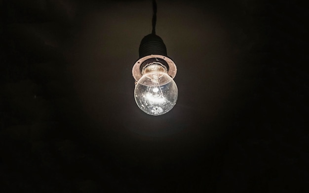 retro photo of old light bulb with dust and cobwebs glows in the dark