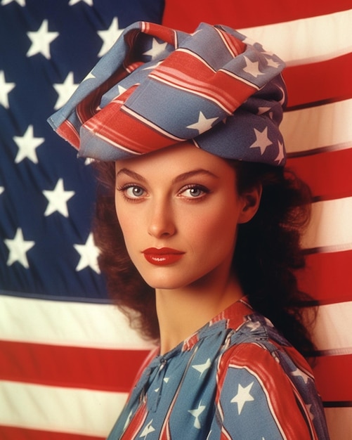 A retro photo of a patriotic woman in the 1980