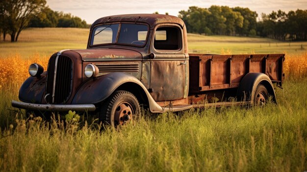 Retro pickup truck in countryside