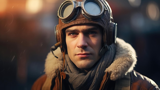 Retro pilot Portrait of Aviator on a blurred background