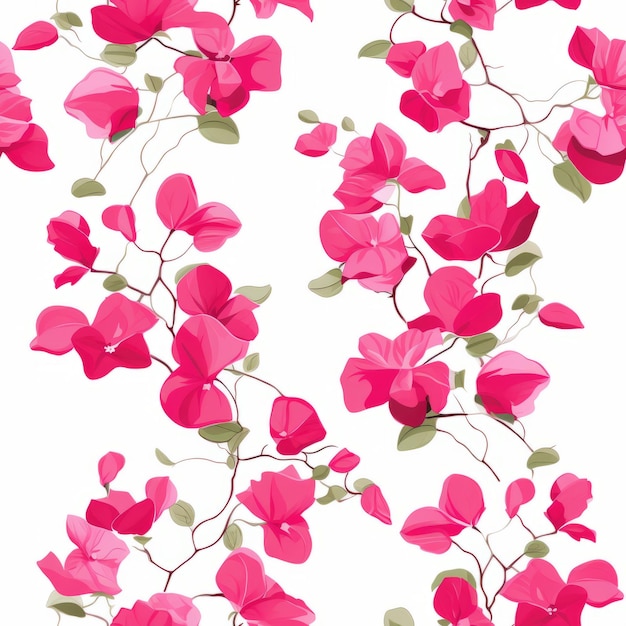 Photo retro pink bougainvillea flower seamless pattern on solid white background