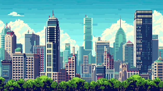 Ретро-пиксельный городской пейзаж с небоскребами Пиксельный арт ретро-городской пейзаж небоскребы здания городская винтажная ностальгия