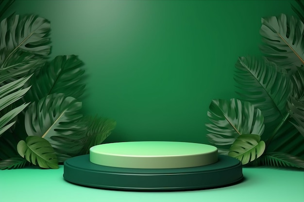 Фото Ретро-подиум для продуктов реклама с тропическими листьями иллюстрация минимальная концепция генеративный ии