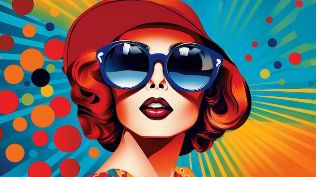 Photo retro pop art style portrait of woman in sunglasses against vibrant background