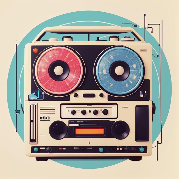 Photo retro portable radio cassete recorder with sound speaker and notes of music vector illustration flat cartoon style suitable for web landing page banner flyer sticker wallpaper card background