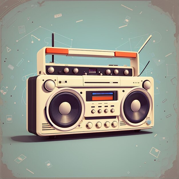 Retro Portable Radio Cassete Recorder with Sound Speaker and Notes of Music Vector Illustration Flat Cartoon Style Suitable for Web Landing Page Banner Flyer Sticker Wallpaper Card Background