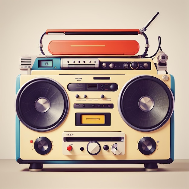 Photo retro portable radio cassete recorder with sound speaker and notes of music vector illustration flat cartoon style suitable for web landing page banner flyer sticker wallpaper card background